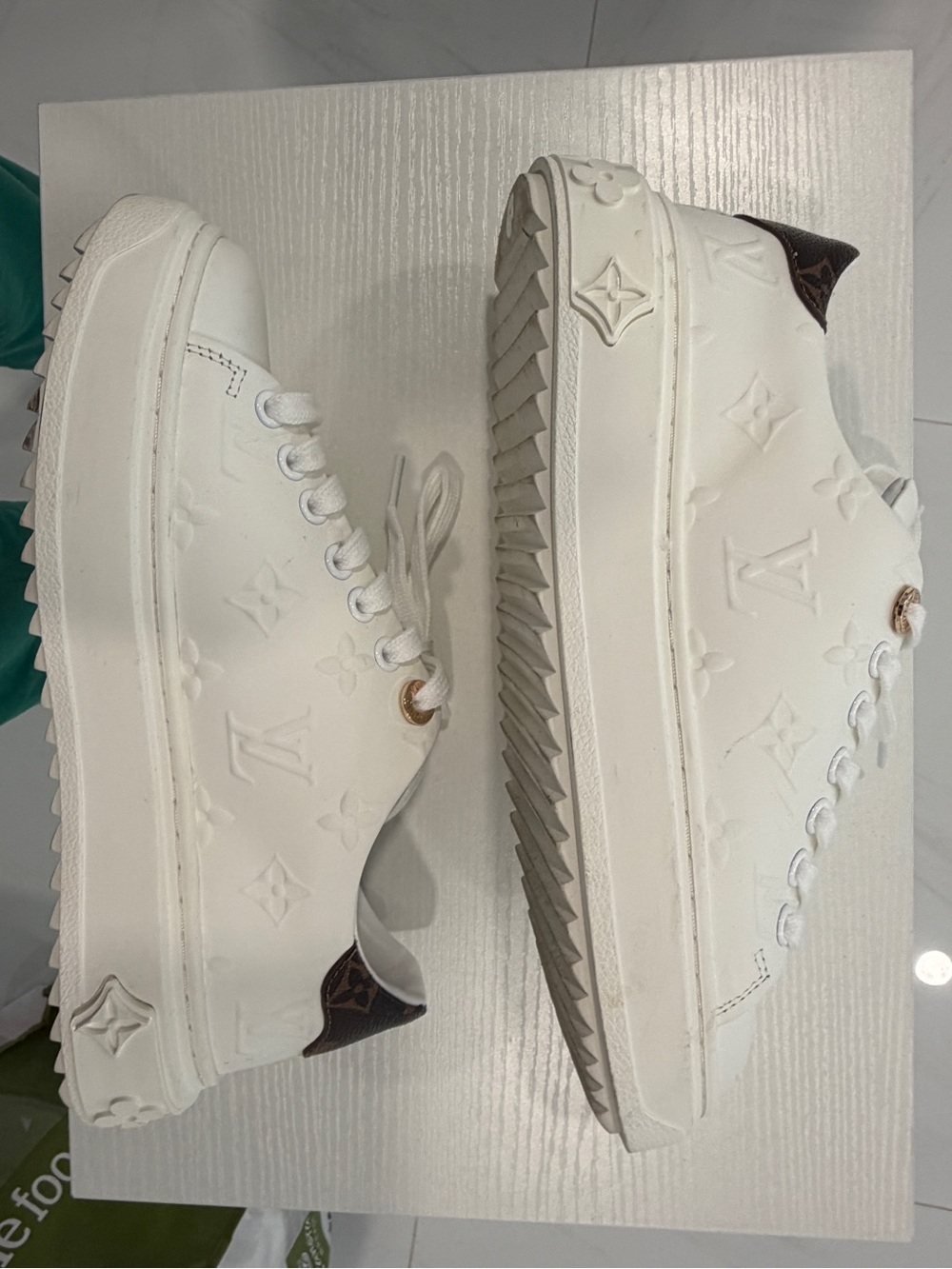 White Embossed Leather Sneakers with Gold Accent - Women's - Picture 3 of 5